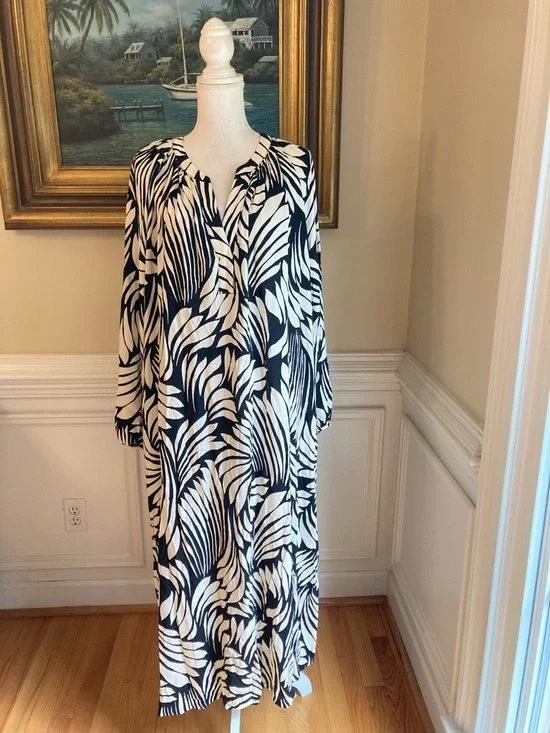 H&M Black Leaf Print Viscose Kaftan Dress NWT - Picture 8 of 8